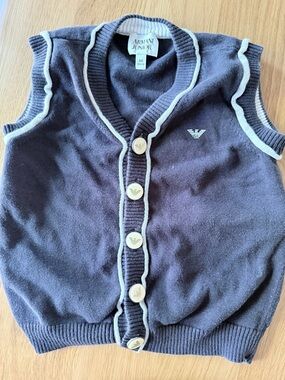 Armani Junior Gray Knit Button Vest with Cream Trim 4T